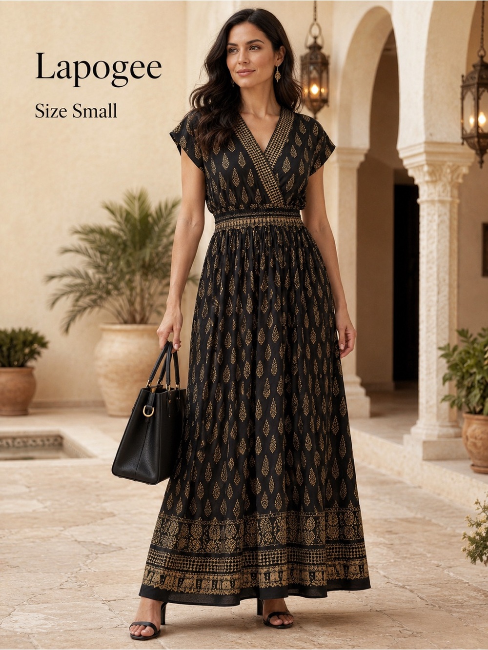 Lapogee Black Gold Boho Border Print Maxi Dress Pockets Size Small